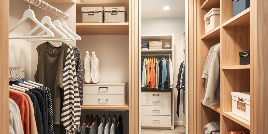 A well-organized closet with smart storage, space-saving hangers, labeled boxes, and a mirror reflecting a neatly arranged wardrobe, illustrating efficient use of closet space for modern style.