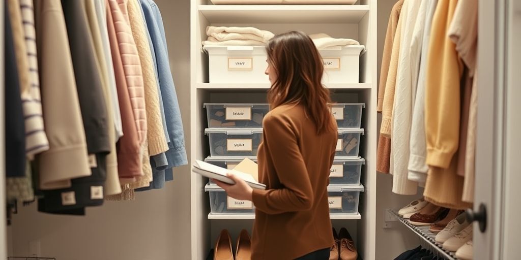 A thoughtful person organizing a tidy wardrobe with labeled storage bins, clear shoes, and soft lighting, emphasizing mindful consumption and long-lasting style through practical, daily rituals.