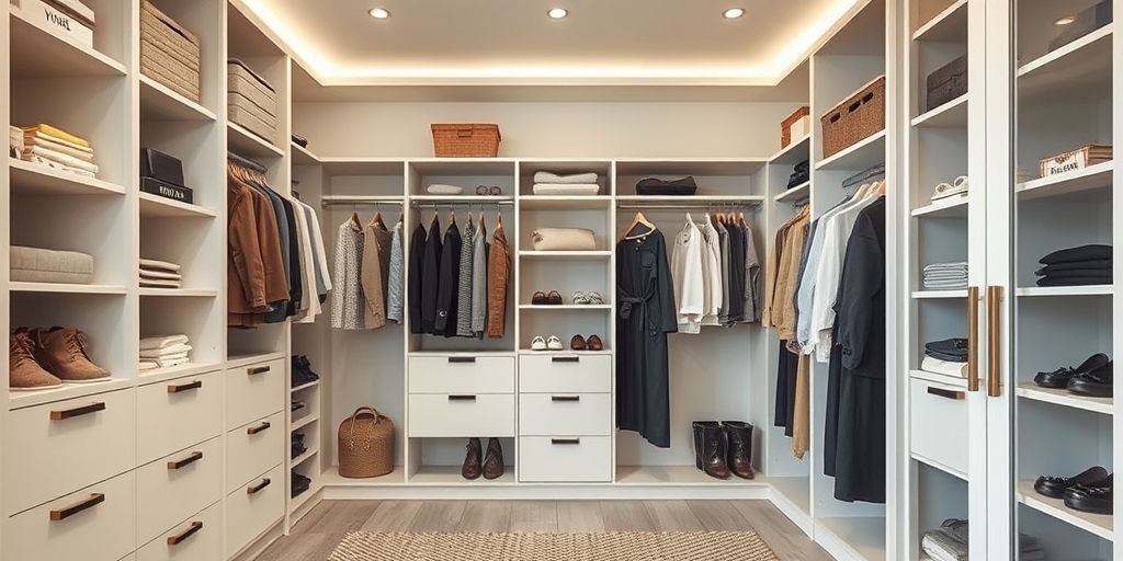 A thoughtful room-wide shot of a modern closet with labeled storage, neutral tones, and clean lighting, illustrating mindful consumption and the discipline of long-lasting style in daily life.