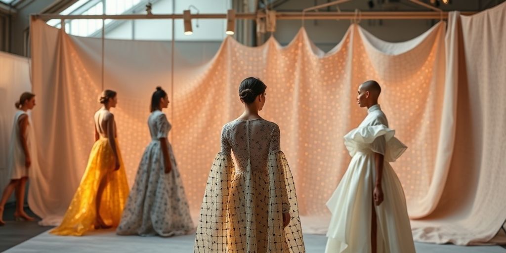 An avant-garde atelier showcasing smart fabrics, AI-inspired patterns, and sustainable production; designers collaborate with data dashboards, recycled materials, and fluid silhouettes; warm natural light, tactile textures, and inclusive fittings creating a vision of responsible innovation.