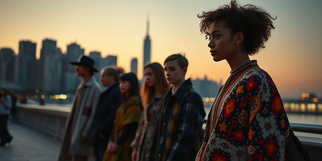 A calm editorial scene before the conclusion featuring city silhouettes, recycled fabrics, and diverse fashion icons; soft dusk lighting, close-up textile details, and a harmonious blend of tradition and futurism, inviting reflection on responsible style choices.