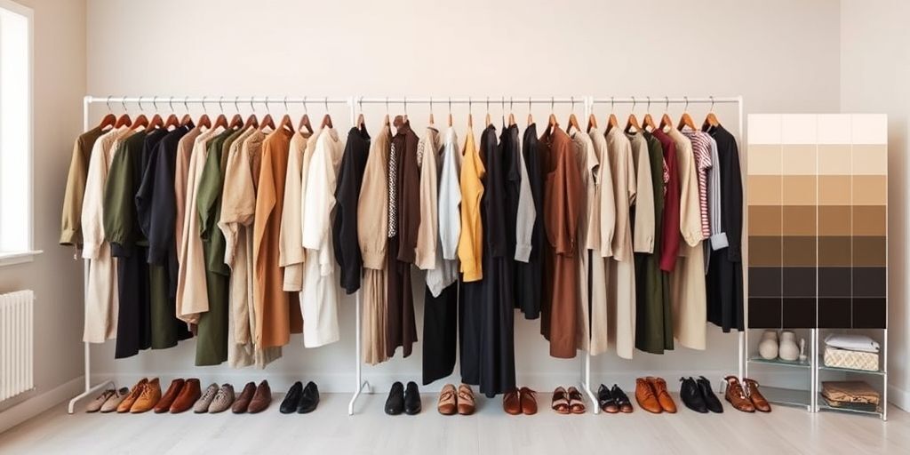 An organized capsule wardrobe laid out in a bright studio: neutral tones, versatile pieces, shoe variations, color palette chart.