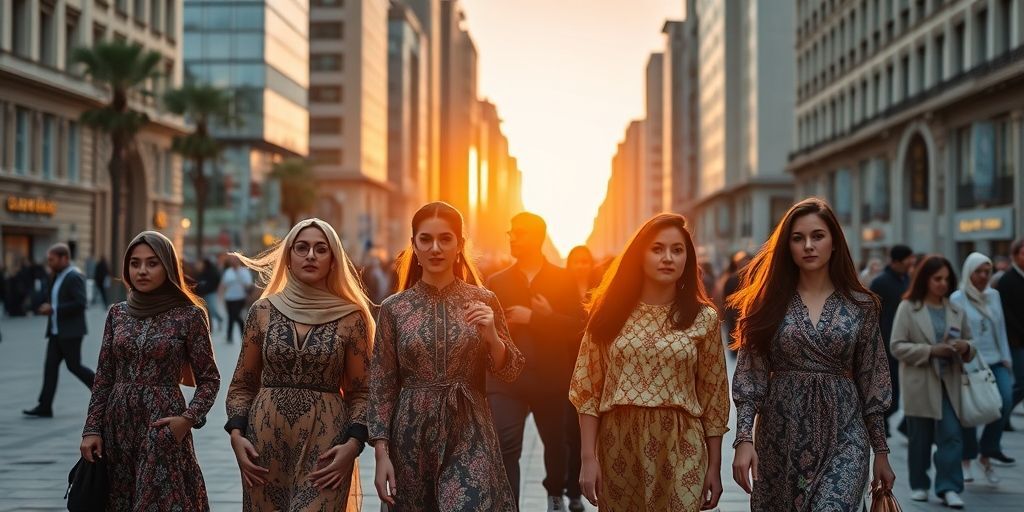 A stylish urban group wearing modern Persian fashion, blending traditional motifs with minimalist silhouettes in a bustling city square at golden hour.