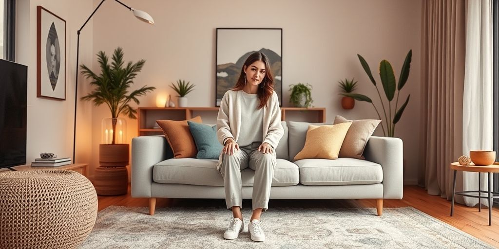 A cozy living room scene showing how a minimalist outfit complements a modern home environment, with neutral tones and soft lighting, illustrating lifestyle integration.