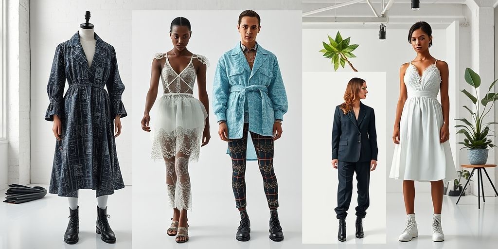 A stylish collage showing cross-disciplinary fashion tech, featuring wearables, smart fabrics, and sustainability elements in a modern studio setting.