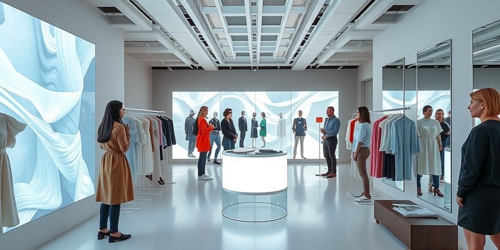 A futuristic showroom with holographic fabric samples, ethical fashion labels, and interactive mirrors; designers and consumers discuss circular economy in a bright, minimal space.