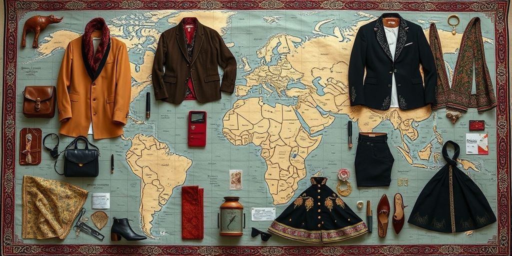 Editorial shot showing a wearable style map: clothes arranged like a narrative, blending traditional Persian elements with modern silhouettes, illustrating how heritage informs contemporary interpretation.