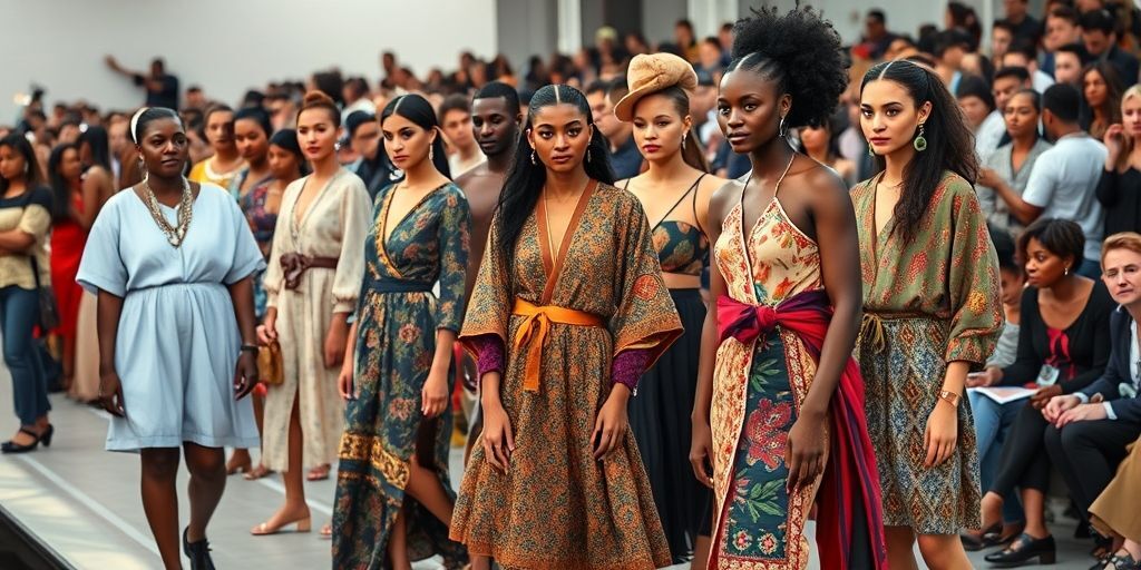 An expansive scene of a multicultural fashion exhibition, featuring models wearing fusion outfits that blend traditional garments with modern silhouettes, photographed in natural daylight with a diverse audience in the background.
