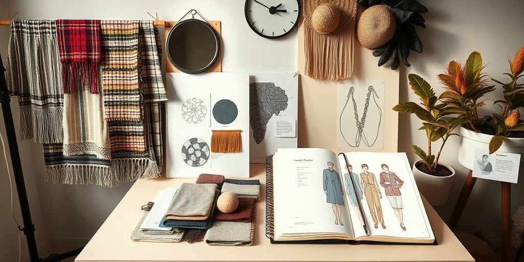  before final section: A stylish studio setup showing textile swatches, sustainable fabrics, and a sketchbook with culturally inspired designs, captured in soft studio lighting that conveys thoughtful preparation for responsible fashion choices.