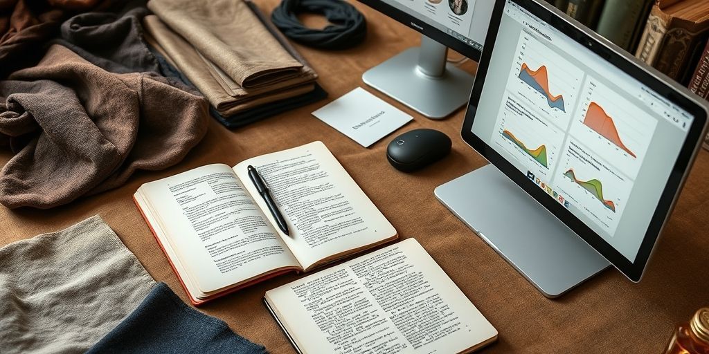 Close-up of a tailor's table with fabric swatches, a notebook with philosophical notes, and a computer displaying sustainable design graphs; the color palette is earthy, refined, and modern.