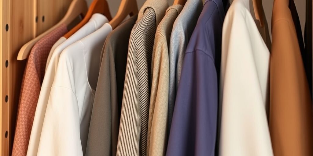 Close-up of a wardrobe with color swatches, fabrics, and texture details, showing a curated capsule closet in warm light, inviting viewers to imagine versatile modern outfits.