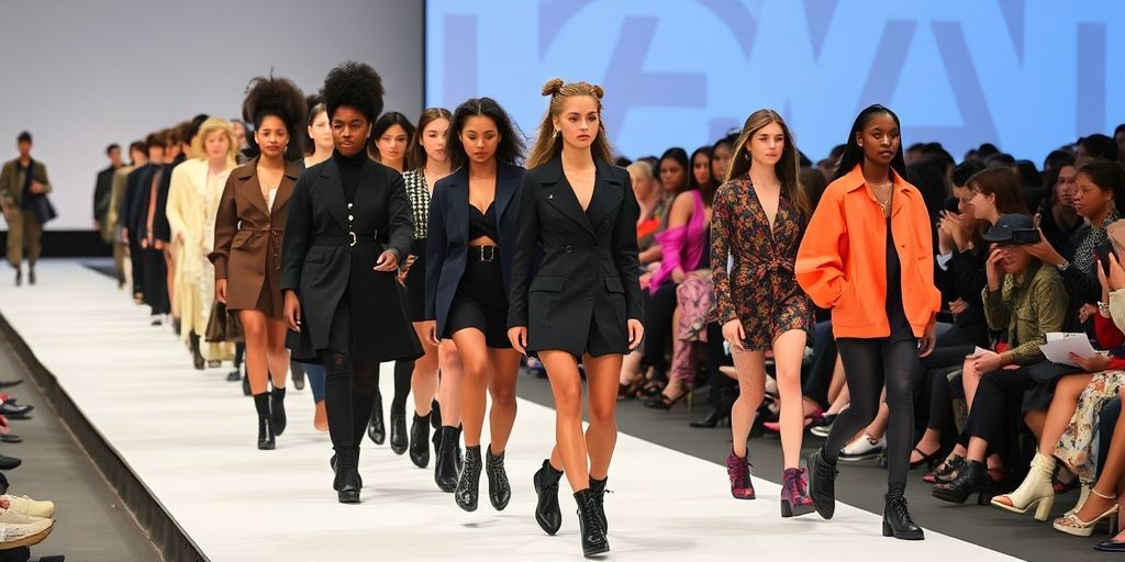 A modern Paris runway with diverse models, showcasing gender-fluid styling, bold colors, urban chic, reflecting contemporary shifts in French fashion.