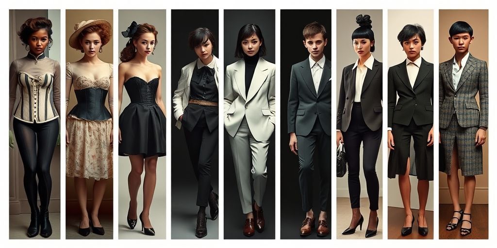 A collage bridging vintage and modern French fashion, showing evolution from corsets to tailored suits androgynous looks, high-contrast lighting.