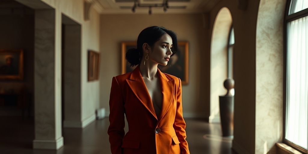An elegant interior shot featuring a person wearing a bold statement piece in a contemporary gallery setting, minimalism with rich textures, soft shadows, cinematic mood.