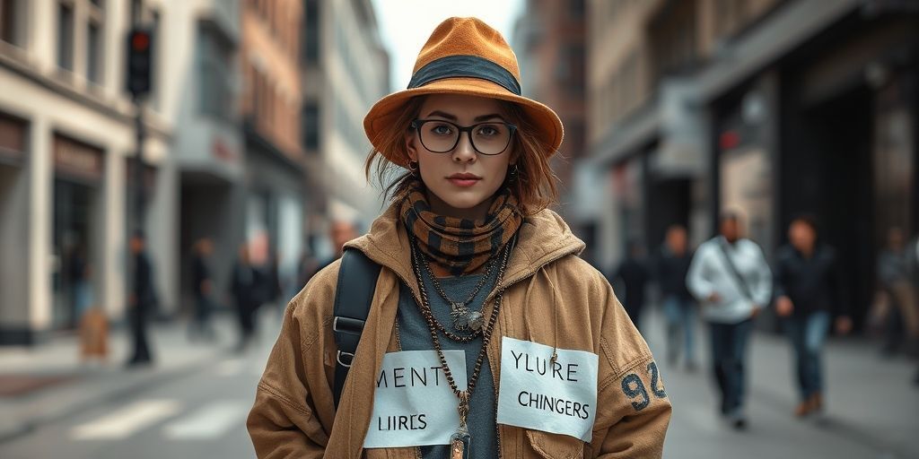 A person wearing layered, symbolic clothing with message-driven accessories, standing confidently in an urban setting, embodying conceptual fashion.