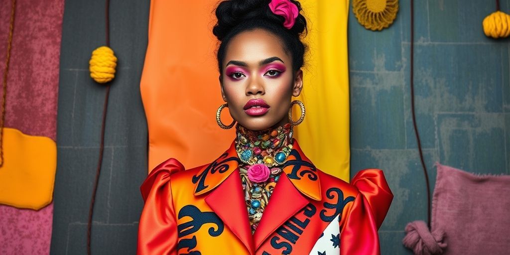 Vivid, innovative conceptual fashion photo showcasing diverse textures, bold colors, and artistic design elements, symbolizing creativity and self-expression.