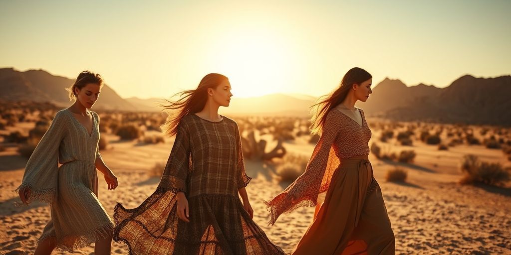 A dynamic editorial shot showing sustainable textiles in modern silhouettes against a desert landscape, bold shadows, tactile textures, and natural fibers, conveying resilience and versatility.