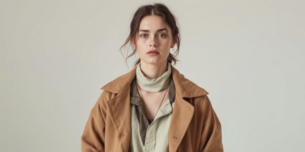 A calm, intimate studio portrait of a model wearing modular, nature-inspired layers, neutral palette, recyclable fabrics, and thoughtful layering to demonstrate timeless versatility and mindfulness.