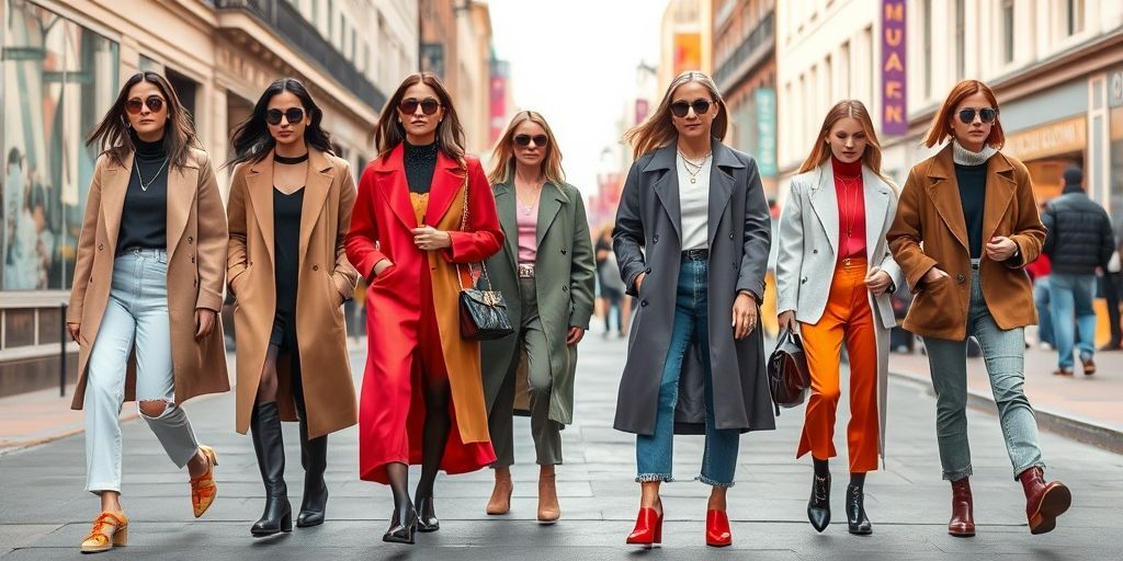 A vivid street-style montage on a bustling city avenue, displaying outfits with varied textures, color-blocking, and bold accessories, illustrating how different combinations affect mood, confidence, and personal expression in urban life.