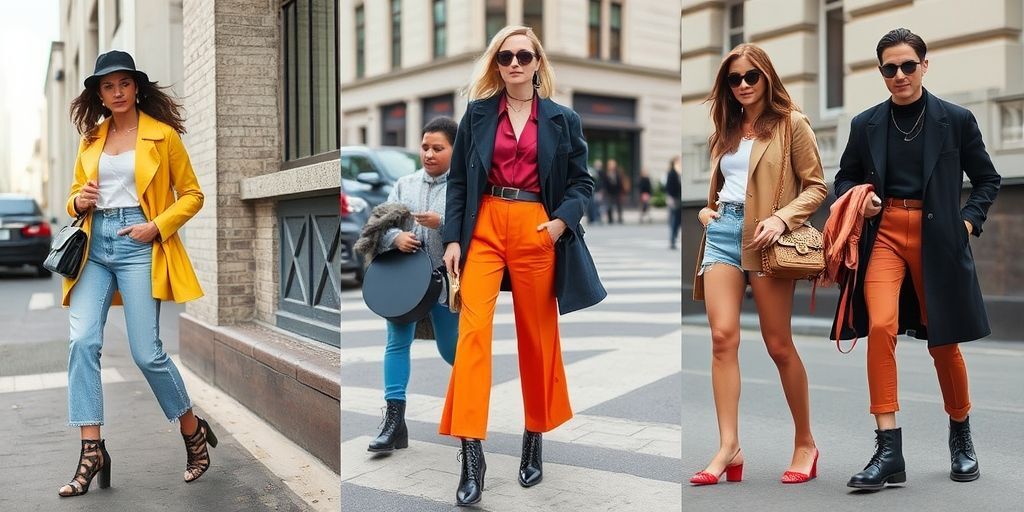 A dynamic street-style collage featuring mixed textures, bold colors, and accessories that illustrate how outfit choices influence mood and confidence in urban settings.
