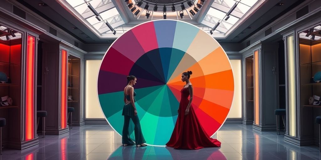 A color wheel in a haute-couture atelier featuring navy, burgundy, emerald, and champagne tones, with models wearing gradient outfits; dramatic lighting and fashion-forward styling.