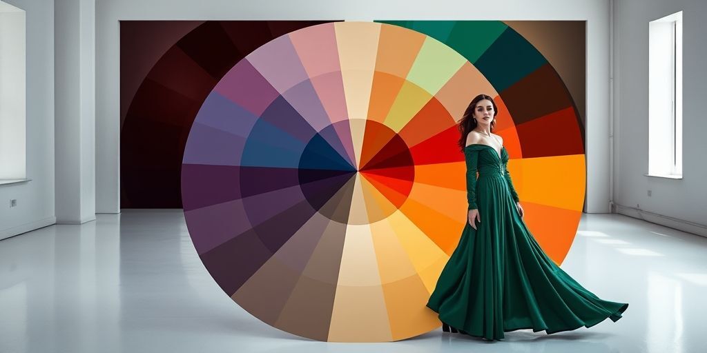 A fashion editorial shot of a color wheel in a haute-couture studio, featuring navy, burgundy, emerald, and champagne tones, with dramatic lighting and gradient outfits.