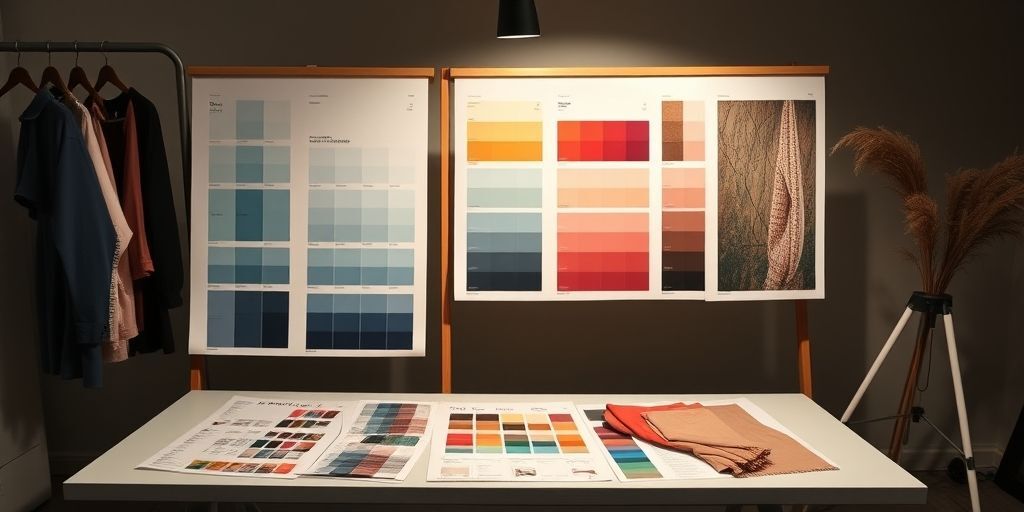 A stylish studio scene with charts of color palettes and fabric swatches, hands picking clothes, modern minimalism, soft lighting, expressing process of self-discovery.