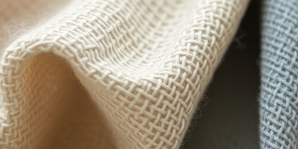 A close-up of sustainable fabric textures, showing weaves and fibers, natural dyes, eco-friendly fashion, soft lighting that highlights quality and craftsmanship, inviting readers to embrace mindful wardrobe choices.