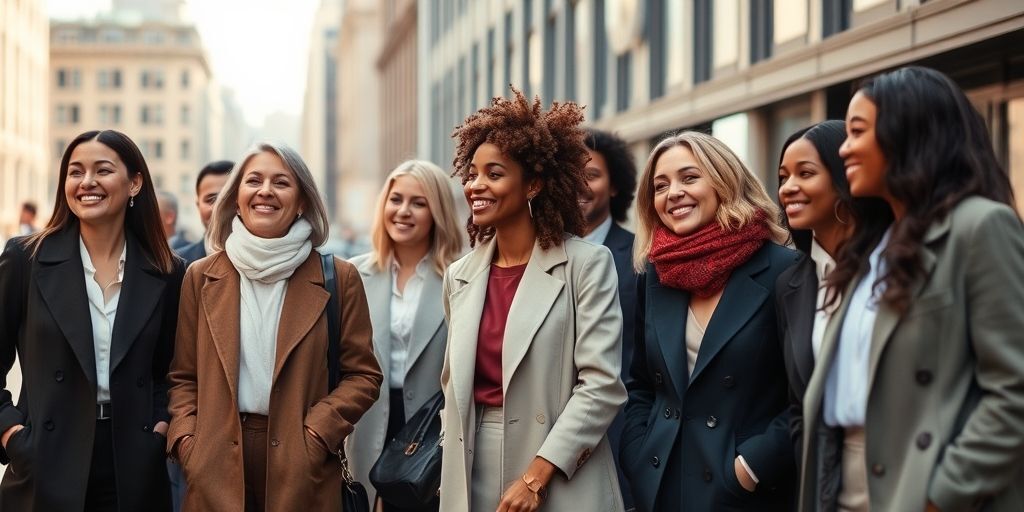 A diverse group in urban environment wearing a mix of timeless silhouettes and modern tailoring, smiling and interacting, capturing community and confidence, urban lifestyle with a touch of elegance and comfort.