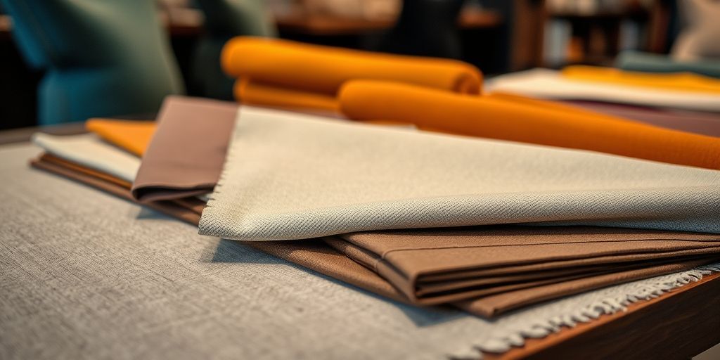 Close-up of fabrics and color swatches arranged on a showroom table, rich textures, lighting emphasizing materials.