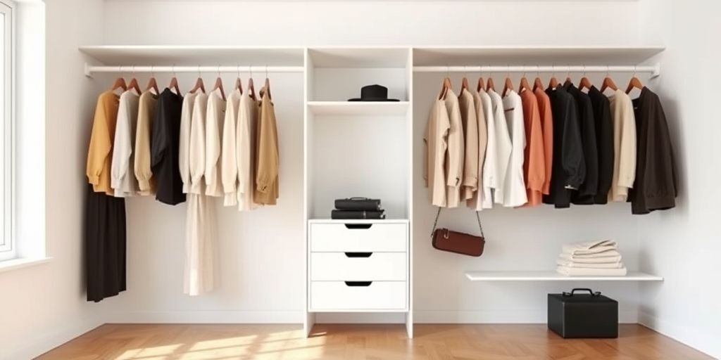 A minimalist wardrobe in a bright room, organized by color and category, showing a capsule wardrobe concept with simple pieces.