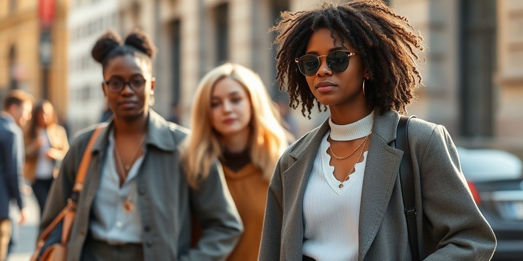 A candid street-style scene featuring a diverse individual wearing a minimalist, modern outfit with layered textures and smart accessories, captured in warm afternoon light to convey authenticity and versatility.