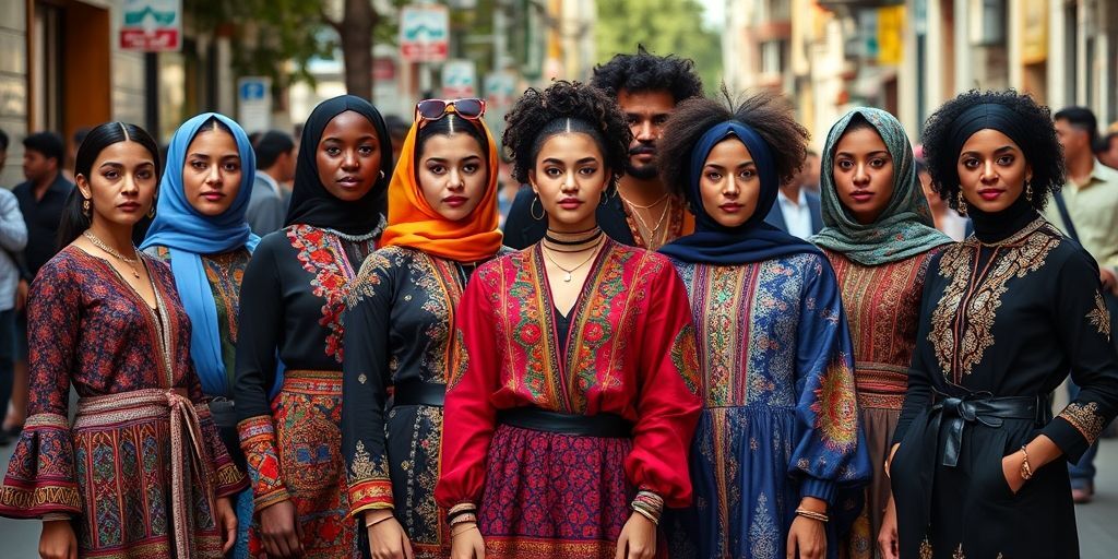 Portraits of diverse people wearing conceptual fashion that blends traditional Persian motifs with contemporary cuts, in a vibrant street scene, highlighting identity, inclusivity, and community dialogue through clothing.