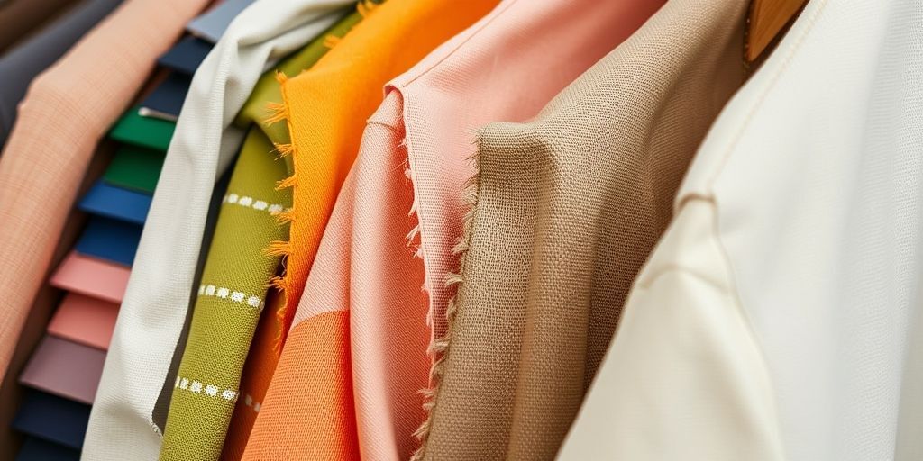 A close-up of a sustainable, concept-driven garment library with color swatches, fabric textures, and recycled materials, illustrating how fashion can drive social conversations and accountability.