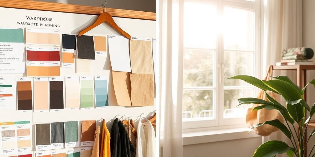 A close-up of a wardrobe planning board showing palettes, fabric swatches, and labeled color codes; sunlight streaming through a window highlighting how palettes change with light.