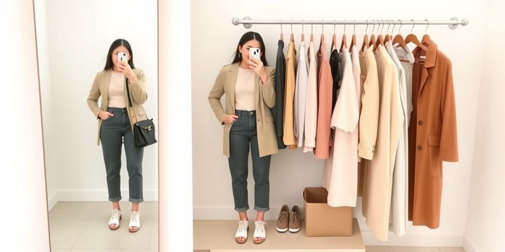 A minimalist mirror selfie setup with coordinated outfits and a color-coordinated capsule wardrobe, featuring neutrals, pastels, and bold accents to illustrate cohesive styling.