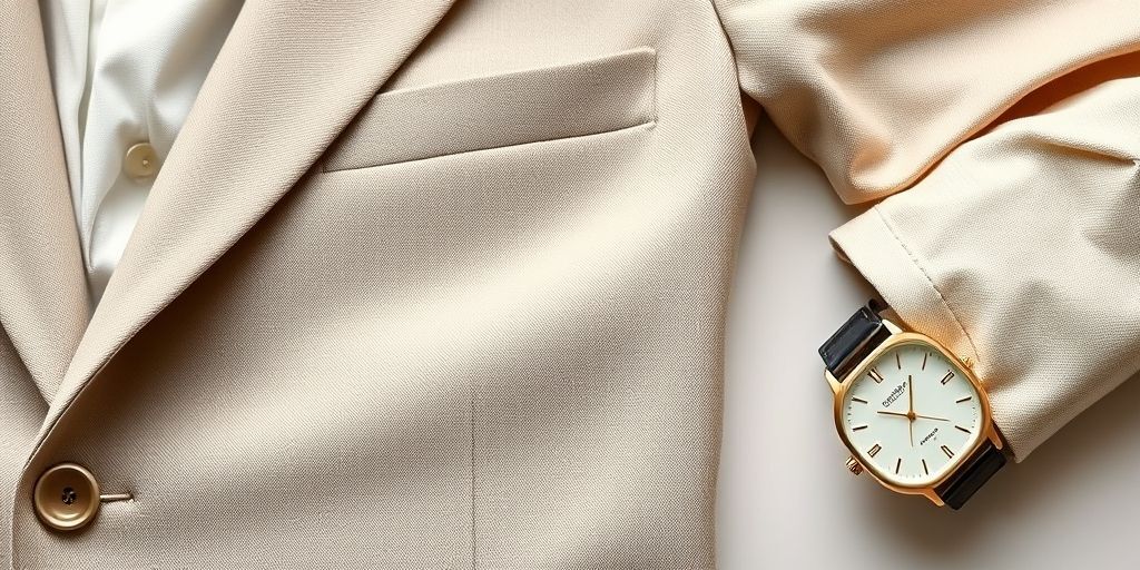 A close-up of a tailored blazer, neutral tones, subtle textures, and a minimalist watch on a clean desk, illustrating key elements like fit, fabric, and color harmony.