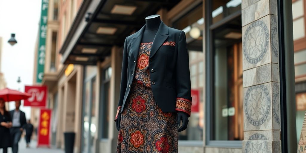 A cultural fusion outfit combining traditional patterns with contemporary tailoring, displayed in a stylish urban setting, reflecting heritage and modernity.