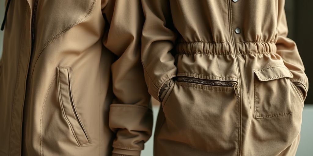 Close-up shot of modular, adaptive fashion pieces in neutral tones with hidden pockets and breathable fabrics, photographed in soft natural light, emphasizing practicality and style.