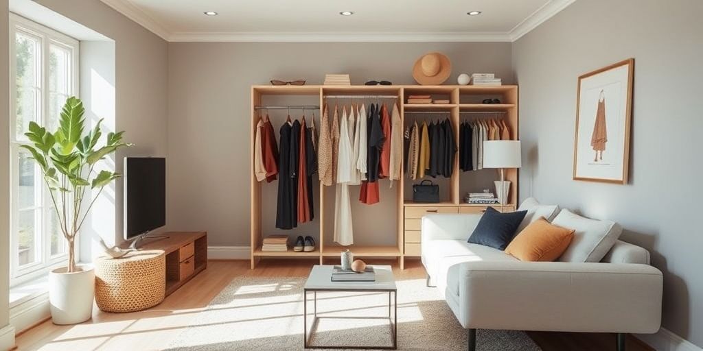 A calm, minimal living room with a capsule wardrobe, color palette coordinated, showing how small spaces influence fashion choices and decision-making in daily life.