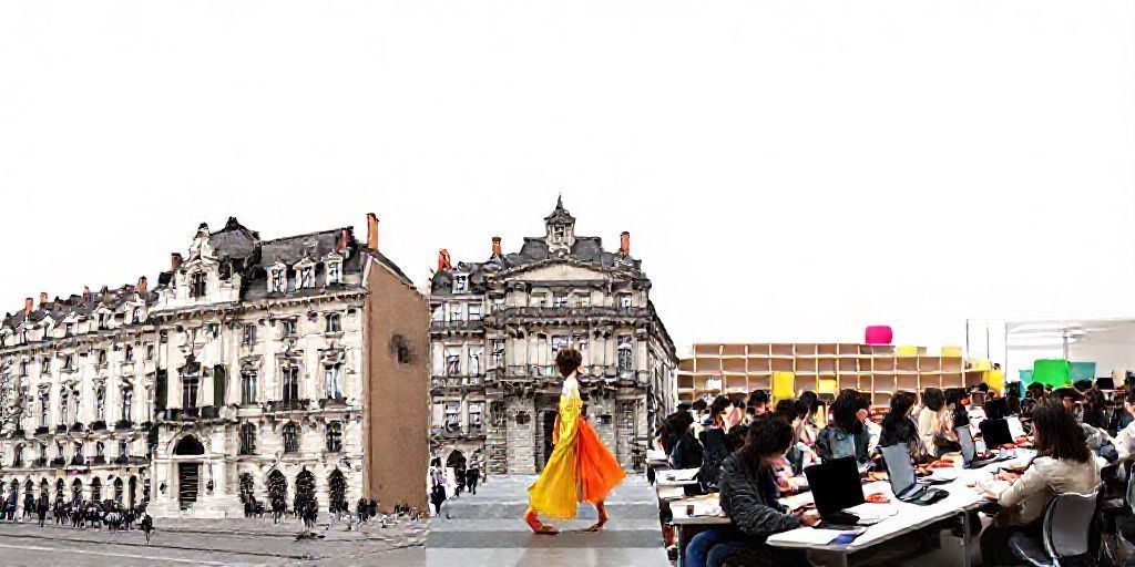 A collage of famous French fashion school buildings, student-run runway show, sketchbooks, and modern classrooms with laptops, bright colors and dynamic composition showing education and creativity.